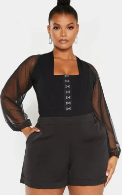Plus Black Eyelet Detail Mesh Sleeve Bodysuit
