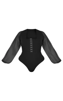 Plus Black Eyelet Detail Mesh Sleeve Bodysuit