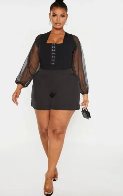 Plus Black Eyelet Detail Mesh Sleeve Bodysuit