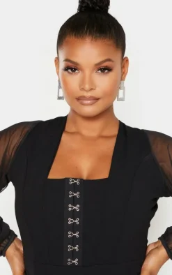 Plus Black Eyelet Detail Mesh Sleeve Bodysuit