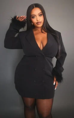 Plus Black Faux Feather Sleeve Trim Blazer Dress
