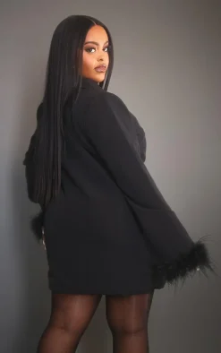 Plus Black Faux Feather Sleeve Trim Blazer Dress