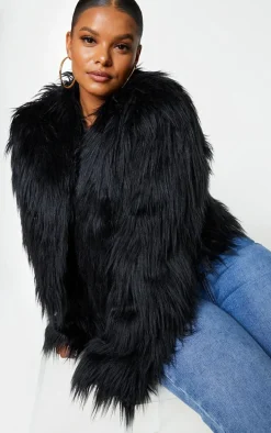 Plus Black Faux Fur Shaggy Cropped Jacket