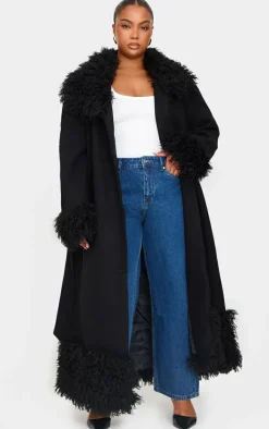 Plus Black Faux Fur Trim Constrast Wool Look Coat