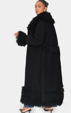 Plus Black Faux Fur Trim Constrast Wool Look Coat