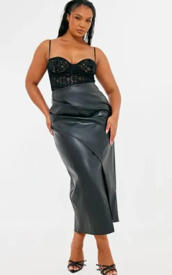 Plus Black Faux Leather Asymmetric Midi Skirt