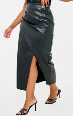 Plus Black Faux Leather Asymmetric Midi Skirt