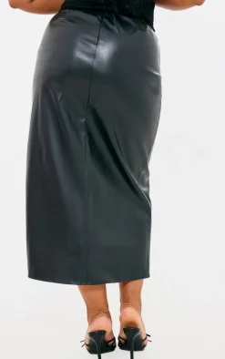 Plus Black Faux Leather Asymmetric Midi Skirt