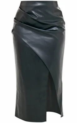 Plus Black Faux Leather Asymmetric Midi Skirt