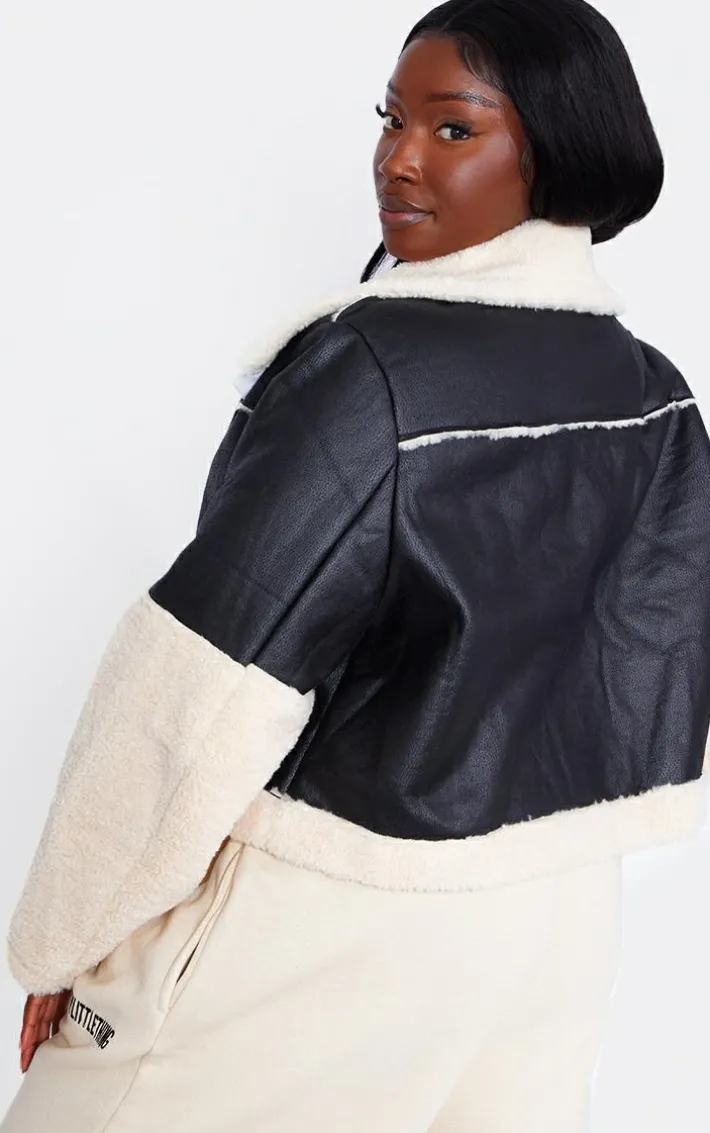 Plus Black Faux Leather Borg Trim Aviator