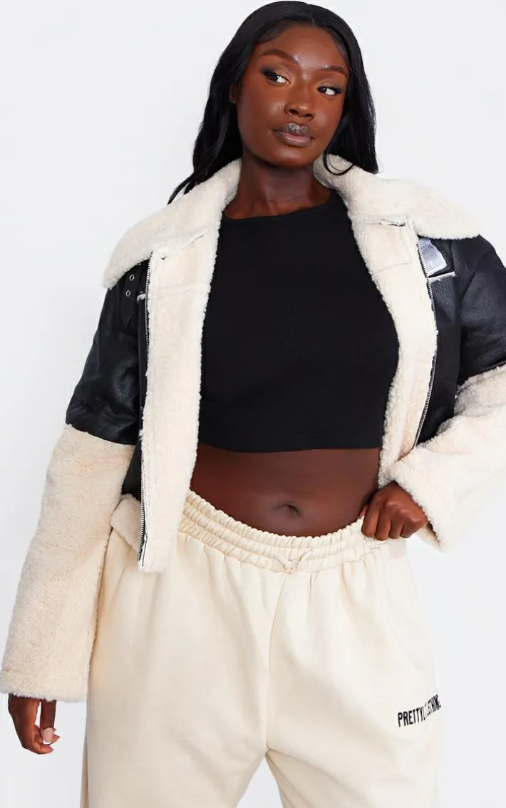 Plus Black Faux Leather Borg Trim Aviator