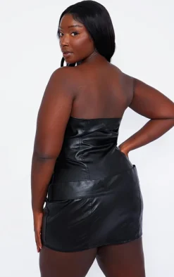 Plus Black Faux Leather Bandeau Belted Mini Dress
