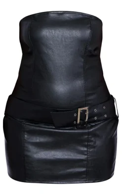 Plus Black Faux Leather Bandeau Belted Mini Dress