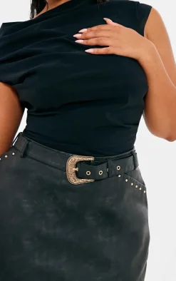 Plus Black Faux Leather Belted Stud Detail Mini Skirt