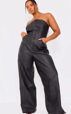 Plus Black Faux Leather Bandeau Lace Back Straight Leg Jumpsuit
