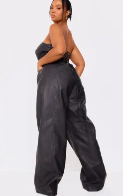 Plus Black Faux Leather Bandeau Lace Back Straight Leg Jumpsuit