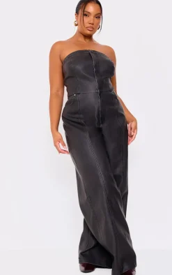 Plus Black Faux Leather Bandeau Lace Back Straight Leg Jumpsuit