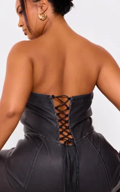 Plus Black Faux Leather Bandeau Lace Back Straight Leg Jumpsuit