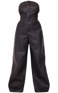 Plus Black Faux Leather Bandeau Lace Back Straight Leg Jumpsuit