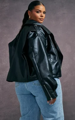 Plus Black Faux Leather Contrast Quilted Lining Oversized Biker Jacket