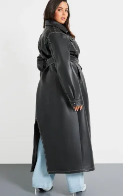 Plus Black Faux Leather Contrast Stitch Split Hem Trench Coat