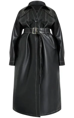 Plus Black Faux Leather Contrast Stitch Split Hem Trench Coat