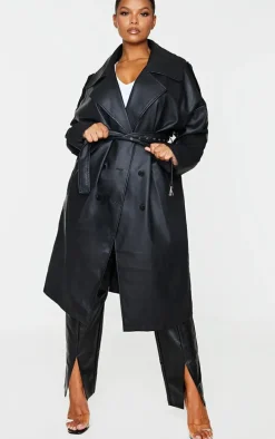 Plus Black Faux Leather Drop Arm Midi Trench Coat