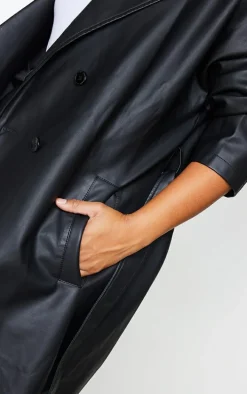 Plus Black Faux Leather Drop Arm Midi Trench Coat
