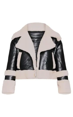 Plus Black Faux Leather Faux Fur Trim Coat