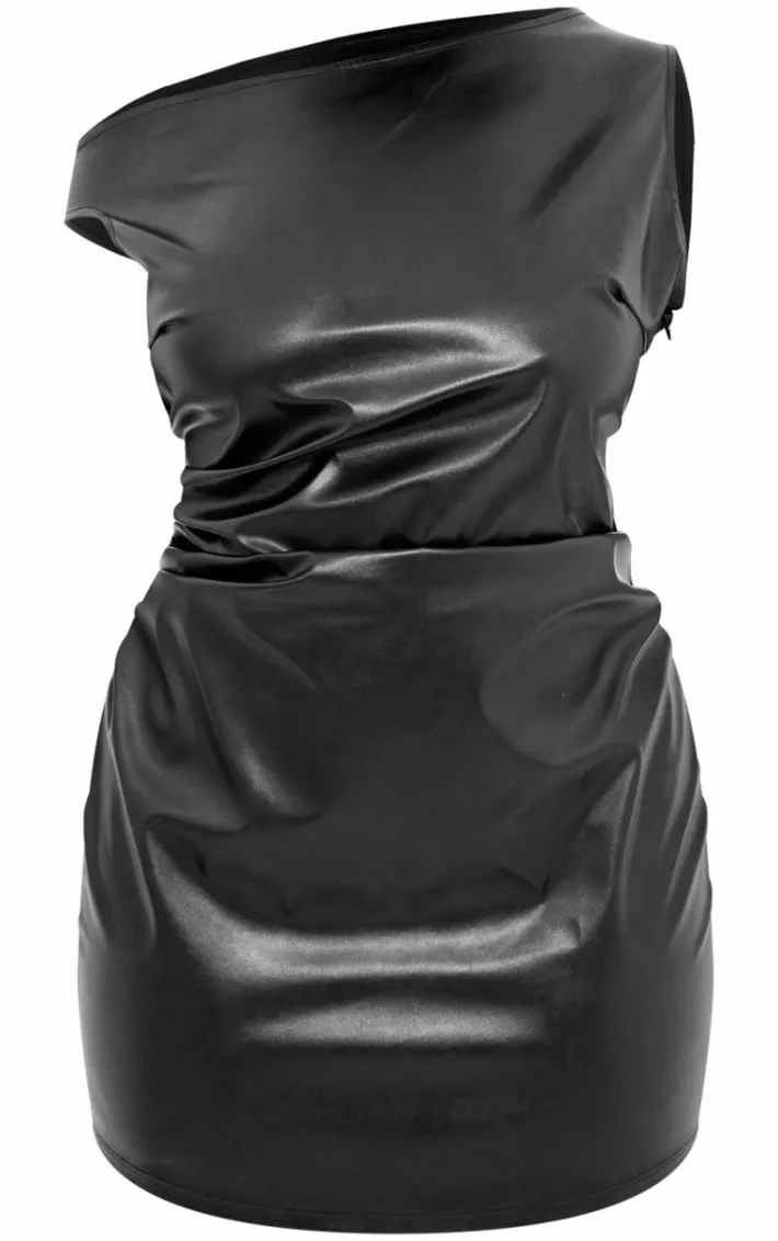 Plus Black Faux Leather One Shoulder Bardot Bodycon Dress