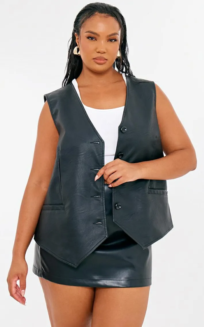 Plus Black Faux Leather Oversized Vest