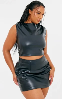 Plus Black Faux Leather Ruched Shoulder Detail Crop Top