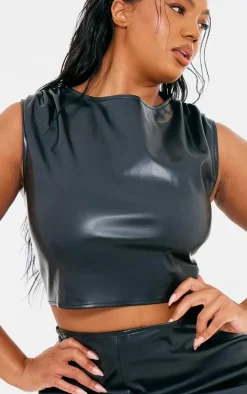 Plus Black Faux Leather Ruched Shoulder Detail Crop Top