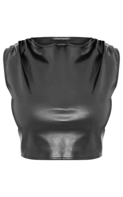 Plus Black Faux Leather Ruched Shoulder Detail Crop Top