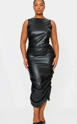 Plus Black Faux Leather Ruched Sleeveless Maxi Dress