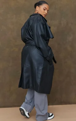 Plus Black Faux Leather Statement Buckle Trench Coat