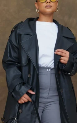 Plus Black Faux Leather Statement Buckle Trench Coat
