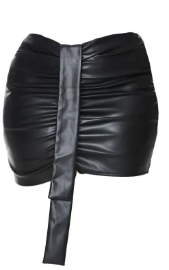 Plus Black Faux Leather V Front Ruched Mini Skirt