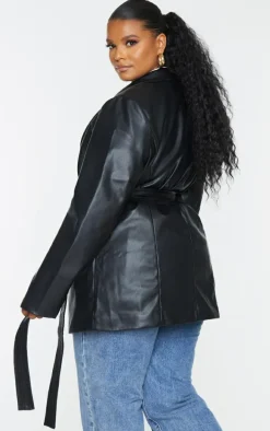 Plus Black Faux Leather Wrap Belted Blazer