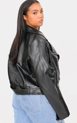 Plus Black Faux Leather Zip Detail Biker Jacket