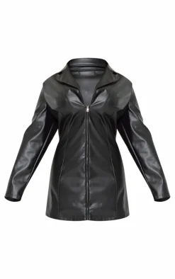 Plus Black Faux Leather Zip Up Blazer Dress