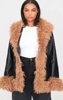 Plus Black Faux Mongolian Fur Trim Faux Leather Jacket