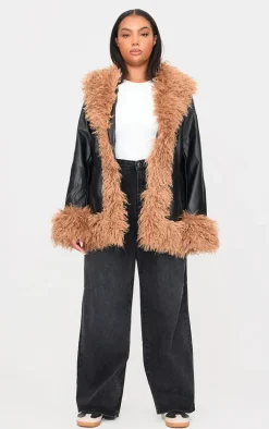 Plus Black Faux Mongolian Fur Trim Faux Leather Jacket