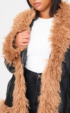 Plus Black Faux Mongolian Fur Trim Faux Leather Jacket