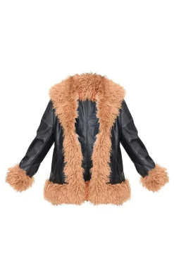 Plus Black Faux Mongolian Fur Trim Faux Leather Jacket