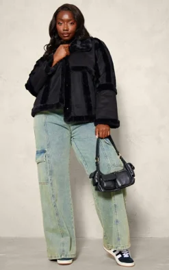 Plus Black Faux Suede Fur Trim Aviator