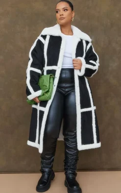 Plus Black Faux Suede Square Borg Panelled Coat