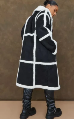 Plus Black Faux Suede Square Borg Panelled Coat