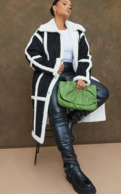 Plus Black Faux Suede Square Borg Panelled Coat