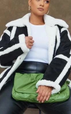 Plus Black Faux Suede Square Borg Panelled Coat